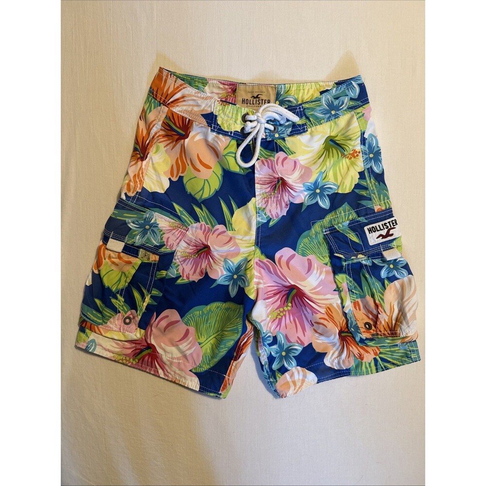 Hollister Mens Blue Floral Hibiscus Cargo Board Shorts Swim Trunks Size X-Small